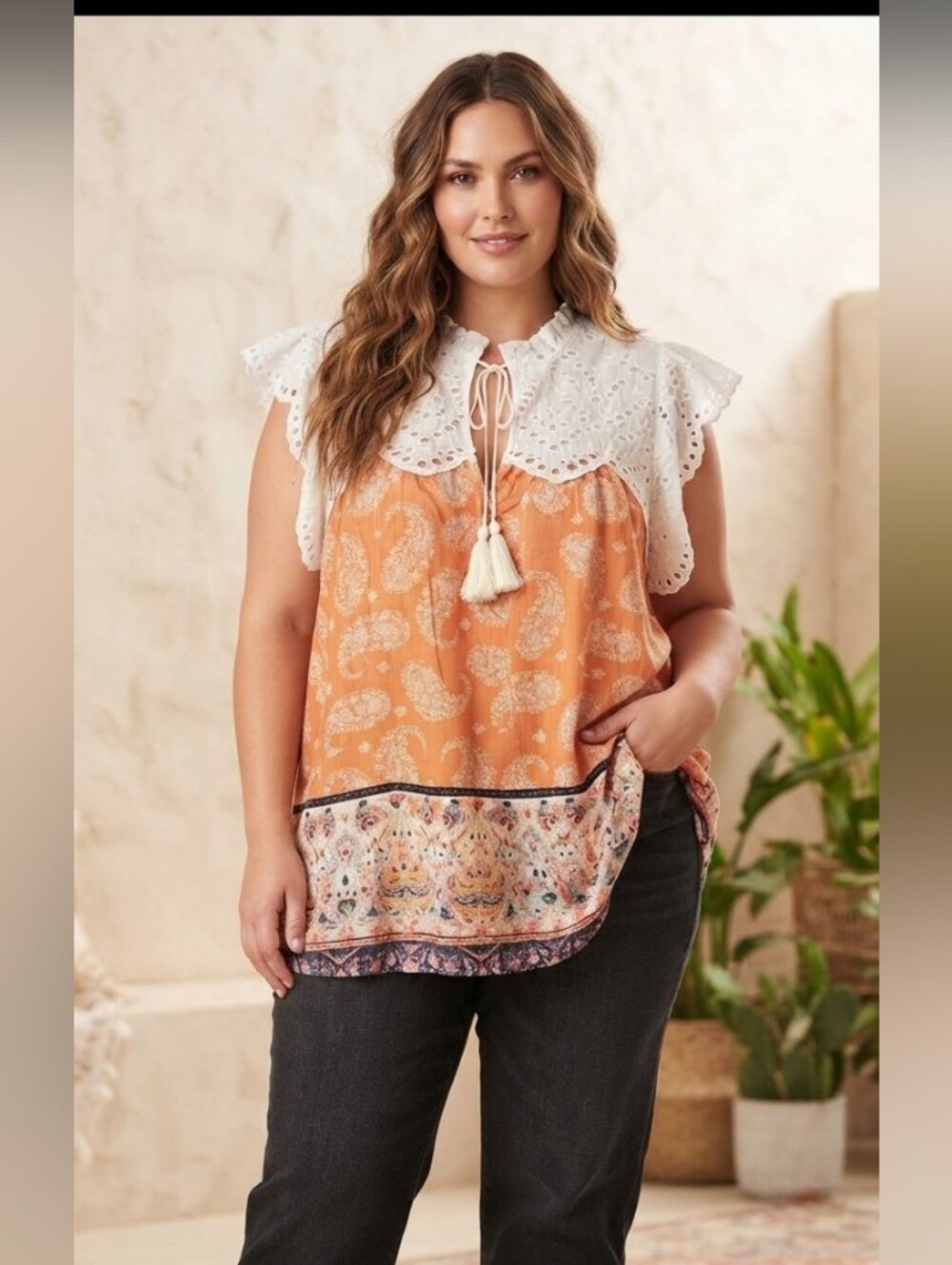 Mazik Plus Size Peach White Eyelet Flutter Sleeve Blouse Size 3X NWT